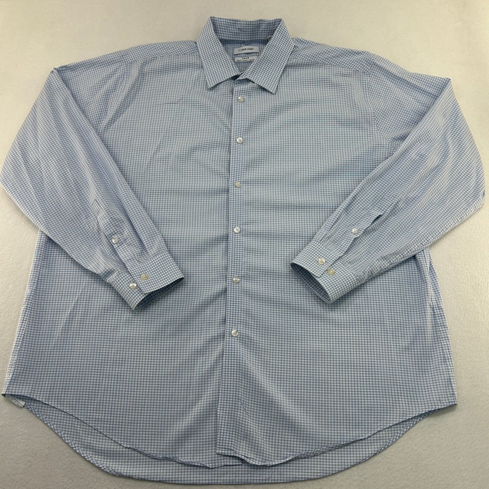 Calvin Klein Steel+ Men 2XL 18 34/35 Blue Gingham Slim Fit NonIron Stretch Shirt